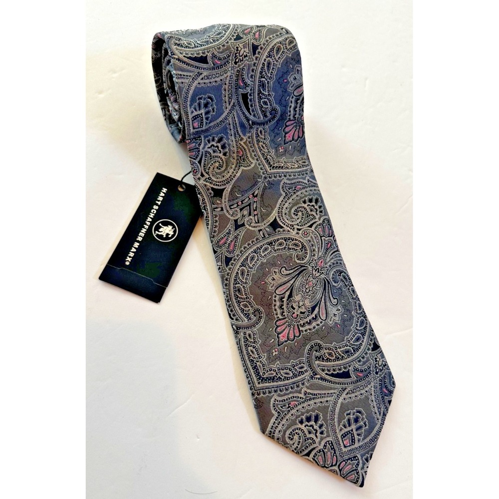 Hart Schaffner Marx Neck Tie Paisley Gray Pink Woven 100% Silk Italy NEW